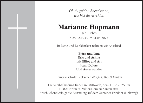 Traueranzeige von Marianne Hopmann von NNA
