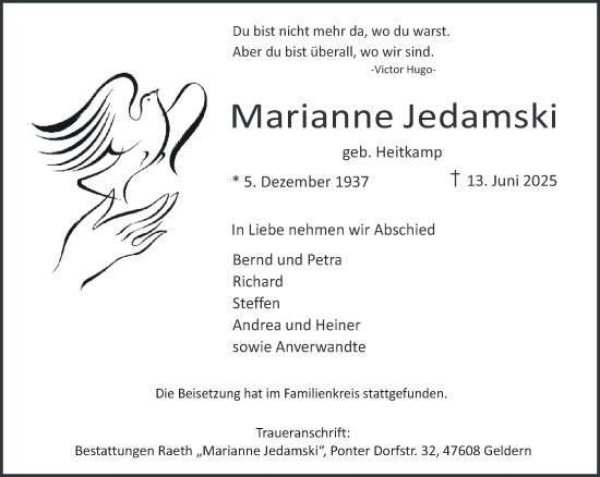 Traueranzeige von Marianne Jedamski von NNA