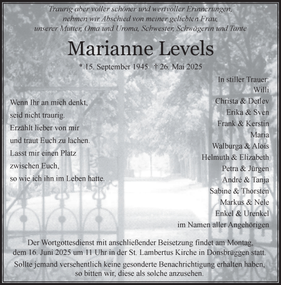 Traueranzeige von Marianne Levels von NNA