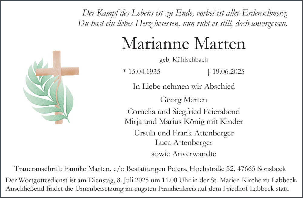  Traueranzeige für Marianne Marten vom 28.06.2025 aus NNA