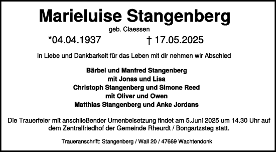 Traueranzeige von Marieluise Stangenberg von NNA