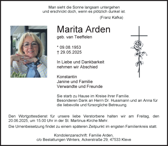 Traueranzeige von Marita Arden von NNA