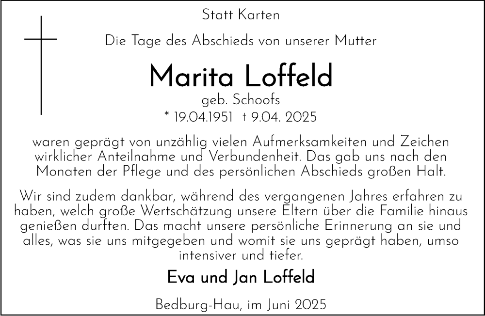  Traueranzeige für Marita Loffeld vom 07.06.2025 aus NNA