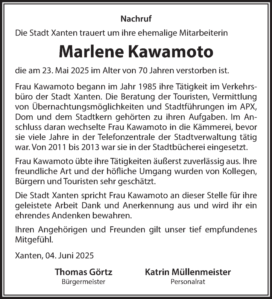  Traueranzeige für Marlene Kawamoto vom 07.06.2025 aus NNA