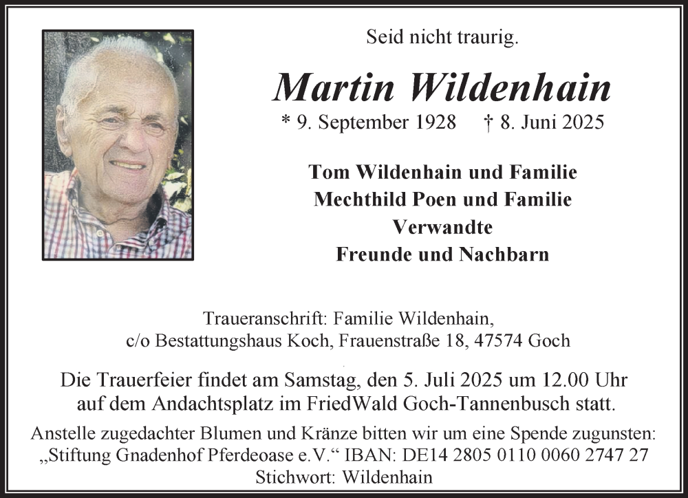  Traueranzeige für Martin Wildenhain vom 21.06.2025 aus NNA