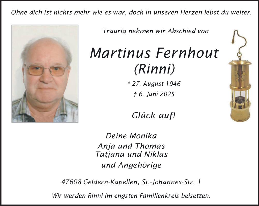  Traueranzeige für Martinus Fernhout vom 14.06.2025 aus NNA
