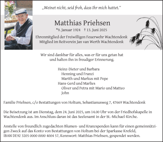 Traueranzeige von Matthias Priehsen von NNA