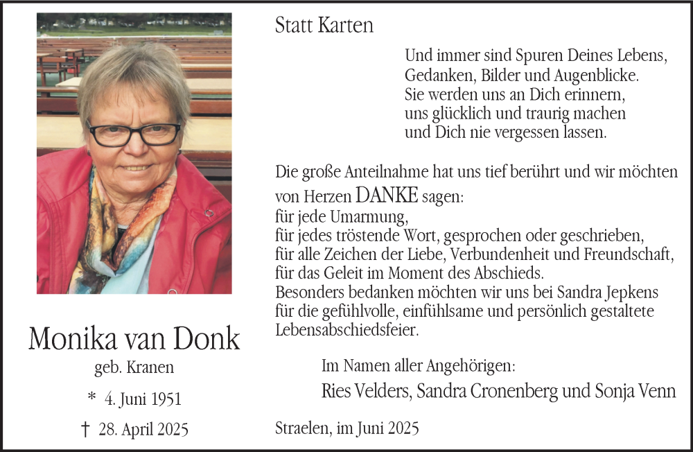  Traueranzeige für Monika van Donk vom 14.06.2025 aus NNA