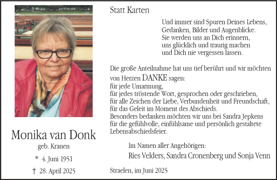 Traueranzeige von Monika van Donk von NNA