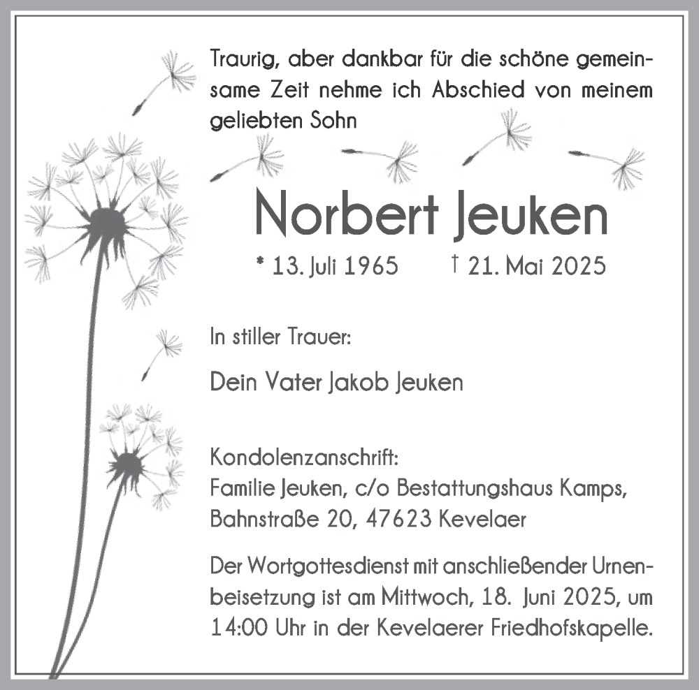  Traueranzeige für Norbert Jeuken vom 14.06.2025 aus NNA