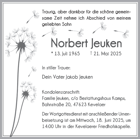 Traueranzeige von Norbert Jeuken von NNA