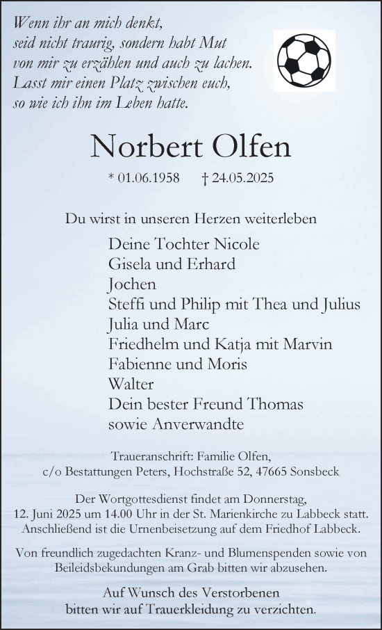 Traueranzeige von Norbert Olfen von NNA
