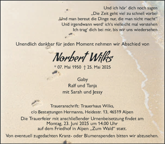 Traueranzeige von Norbert Wilks von NNA