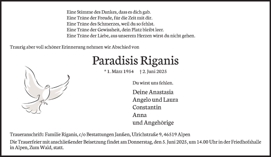 Traueranzeige von Paradisis Riganis von NNA