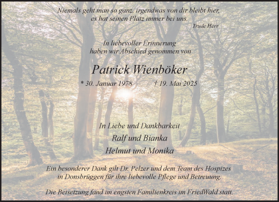Traueranzeige von Patrick Wienböker von NNA