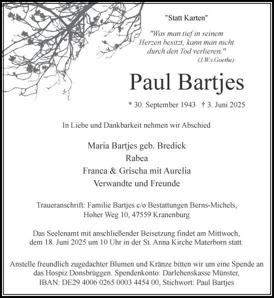 Traueranzeige von Paul Bartjes von NNA