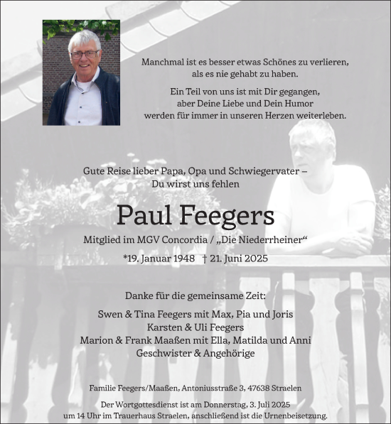 Traueranzeige von Paul Feegers von NNA