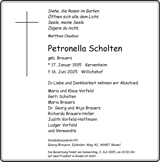 Traueranzeige von Petronella Scholten von NNA