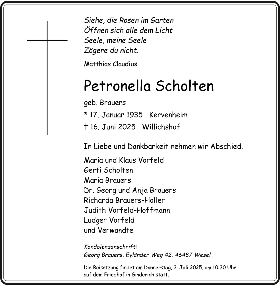  Traueranzeige für Petronella Scholten vom 21.06.2025 aus NNA