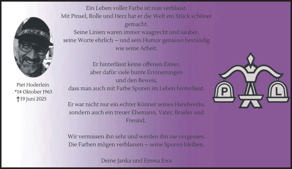  Traueranzeige für Piet Hoderlein vom 28.06.2025 aus NNA