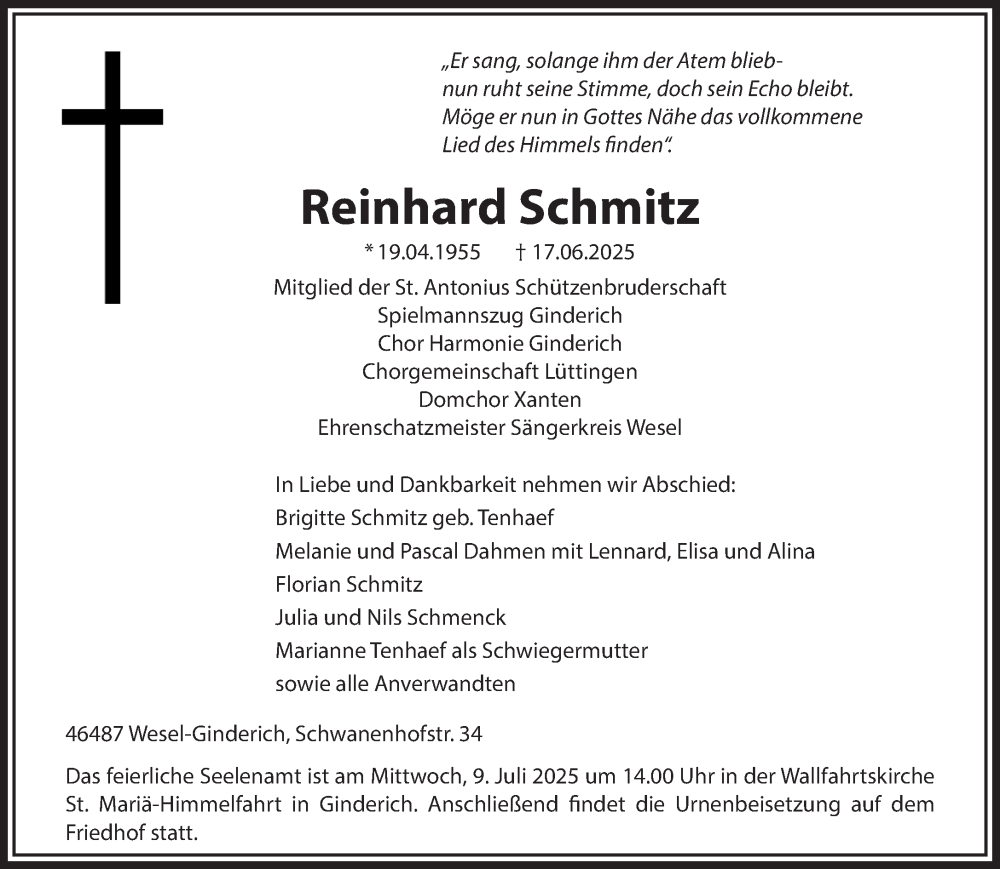  Traueranzeige für Reinhard Schmitz vom 25.06.2025 aus NNA
