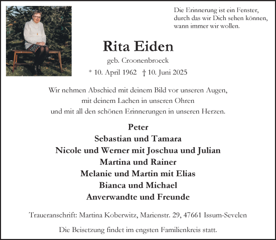 Traueranzeige von Rita Eiden von NNA