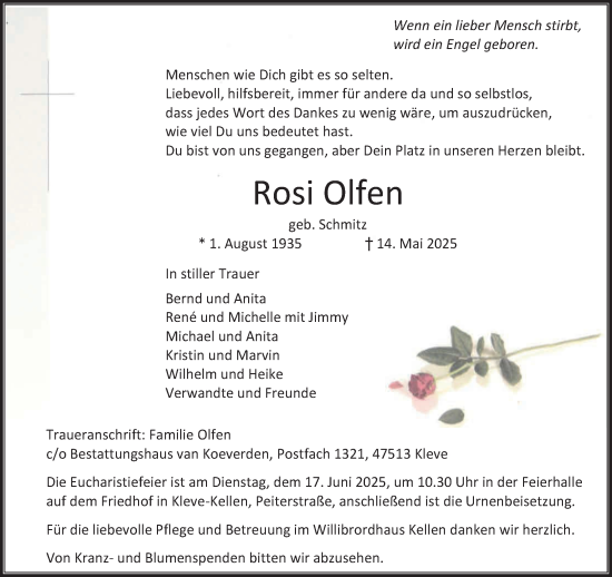 Traueranzeige von Rosi Olfen von NNA