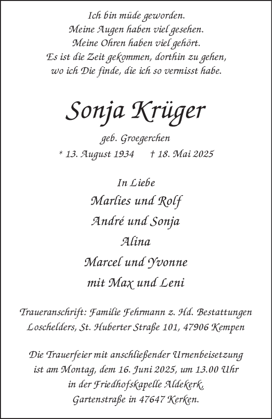 Traueranzeige von Sonja Krüger von NNA