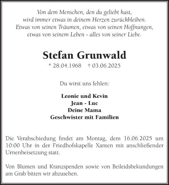 Traueranzeige von Stefan Grunwald von NNA