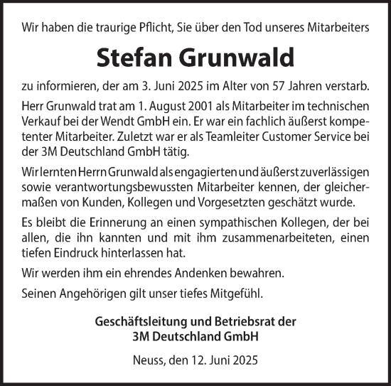 Traueranzeige von Stefan Grunwald von NNA