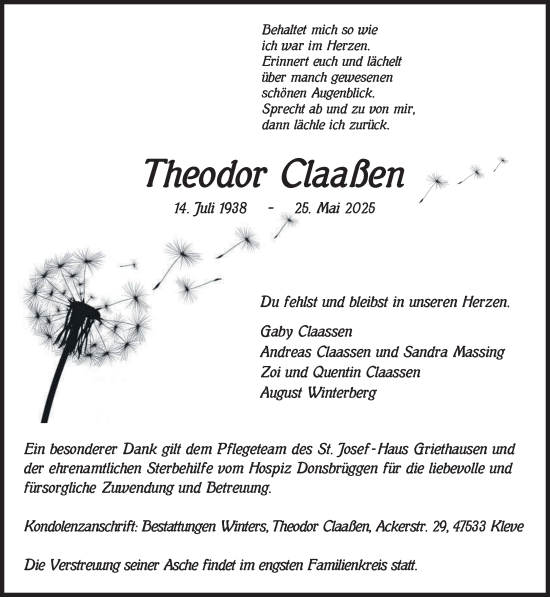 Traueranzeige von Theodor Claaßen von NNA