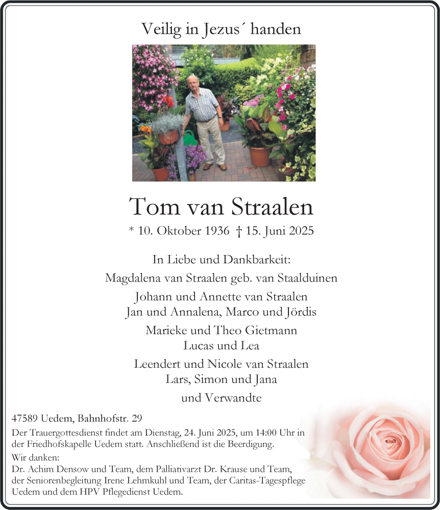  Traueranzeige für Tom van Straalen vom 21.06.2025 aus NNA