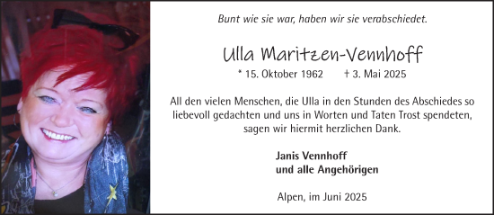 Traueranzeige von Ulla Maritzen-Vennhoff von NNA