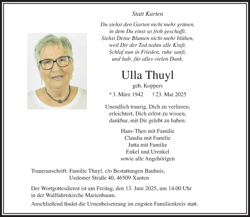  Traueranzeige für Ulla Thuyl vom 07.06.2025 aus NNA