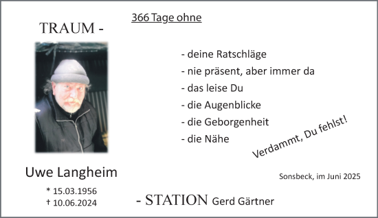 Traueranzeige von Uwe Langheim von NNA