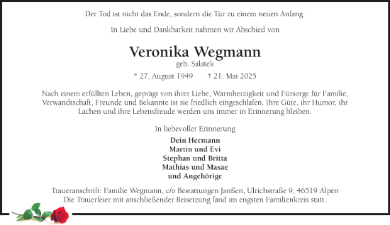 Traueranzeige von Veronika Wegmann von NNA