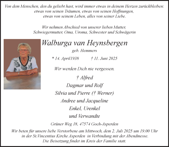 Traueranzeige von Walburga van Heynsbergen von NNA