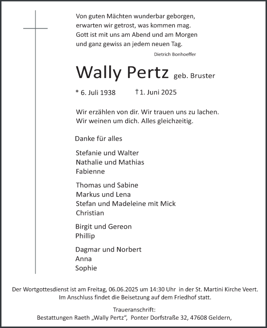 Traueranzeige von Wally Pertz von NNA