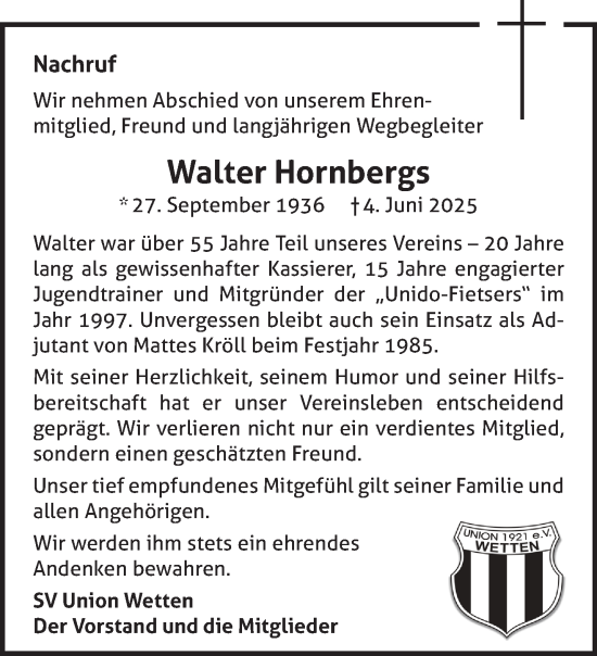Traueranzeige von Walter Hornbergs von NNA