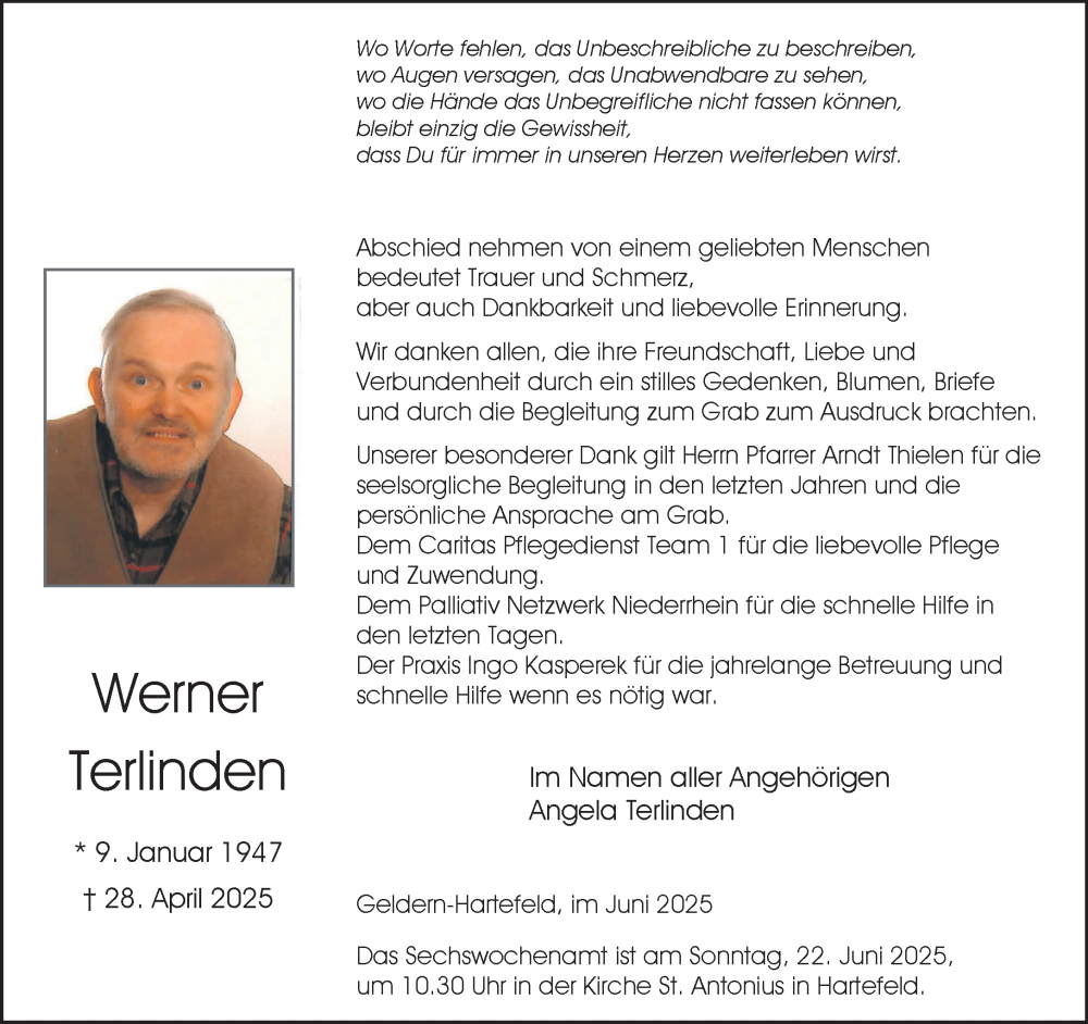  Traueranzeige für Werner Terlinden vom 14.06.2025 aus NNA