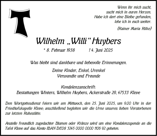 Traueranzeige von Wilhelm Huybers von NNA