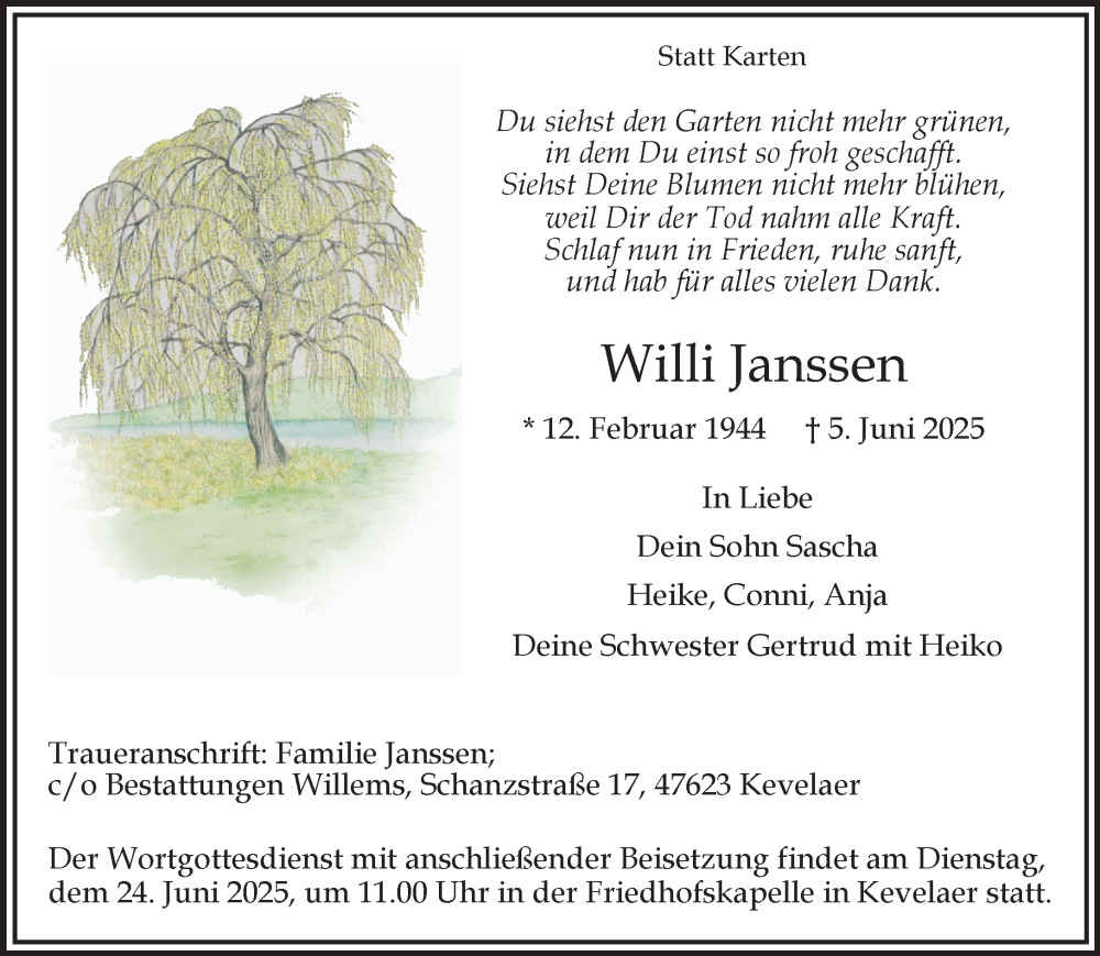  Traueranzeige für Willi Janssen vom 21.06.2025 aus NNA