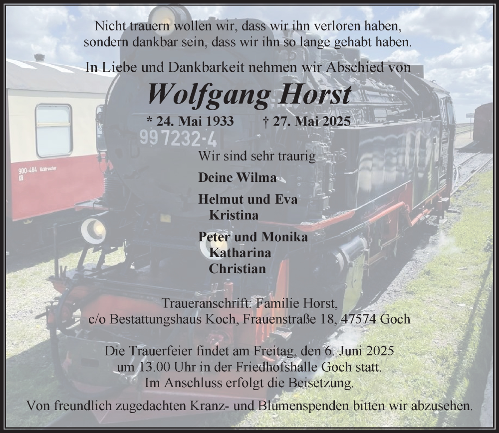  Traueranzeige für Wolfgang Horst vom 04.06.2025 aus NNA