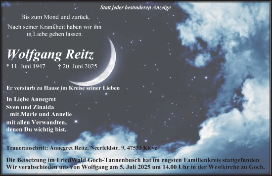 Traueranzeige von Wolfgang Reitz von NNA