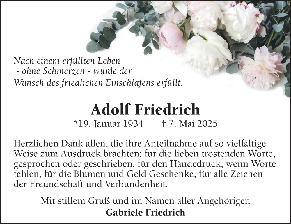  Traueranzeige für Adolf Friedrich vom 05.07.2025 aus NNA