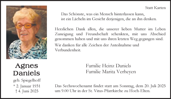 Traueranzeige von Agnes Daniels von NNA