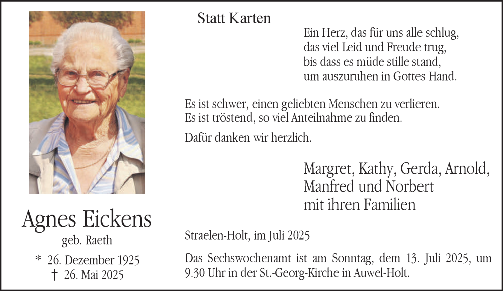  Traueranzeige für Agnes Eickens vom 05.07.2025 aus NNA
