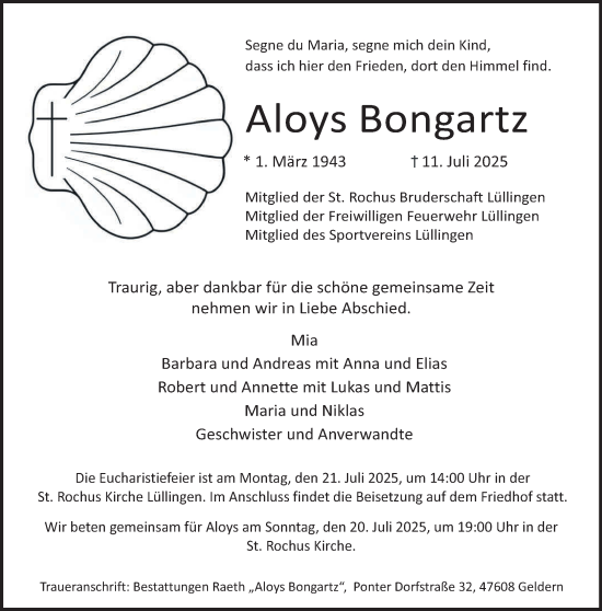 Traueranzeige von Aloys Bongartz von NNA