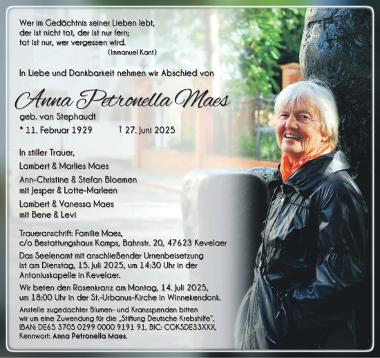 Traueranzeige von Anna Petronella Maes von NNA