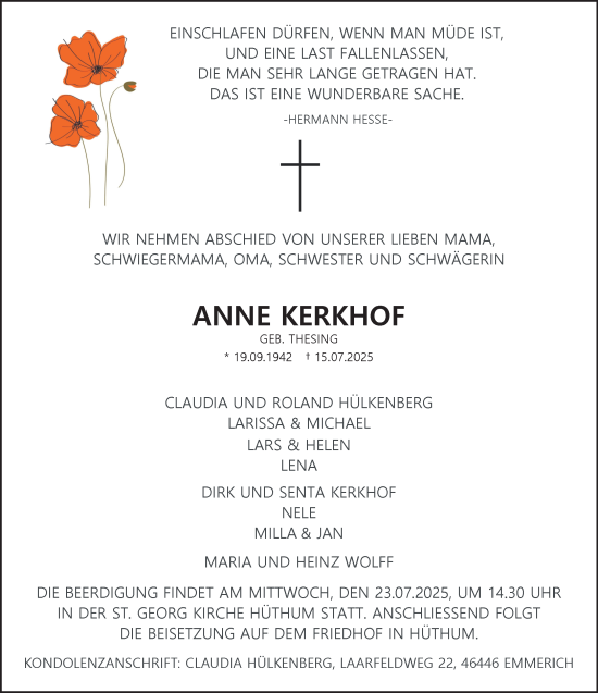 Traueranzeige von Anne Kerkhof von NNA
